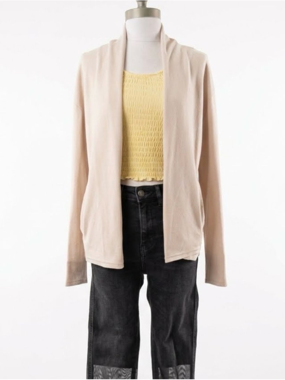 Theory Cream Open-Front Cardigan with Yellow Tank